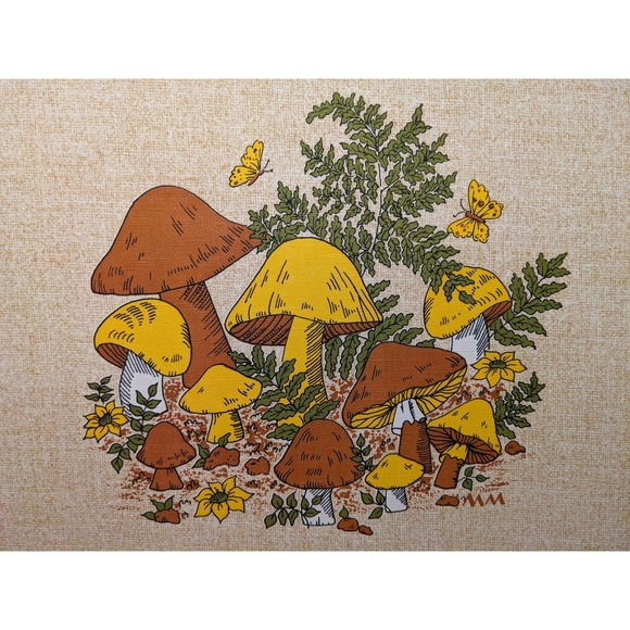 Set Of 4 Vinyl MCM 1970's Mushroom Placemats Orange Brown Rectangle Beige Groovy - Picture 2 of 12